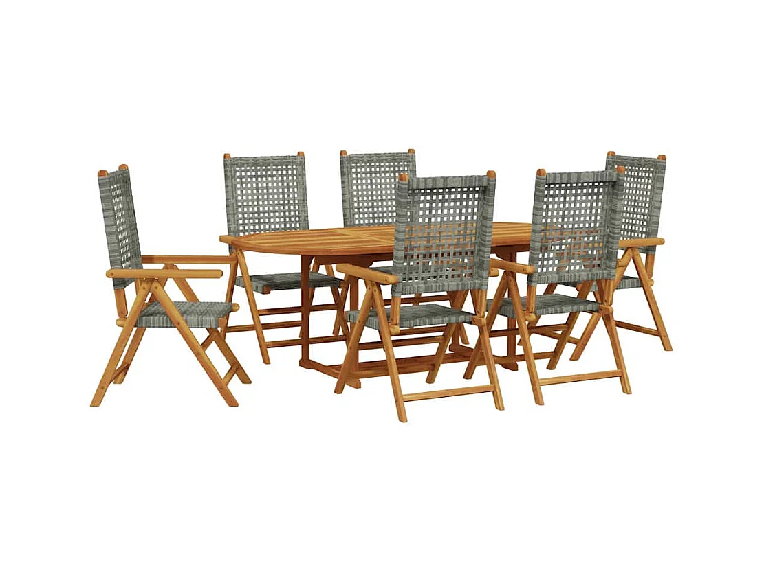 Grilda  Ensemble à manger de jardin 7 pcs gris rotin et bois massif