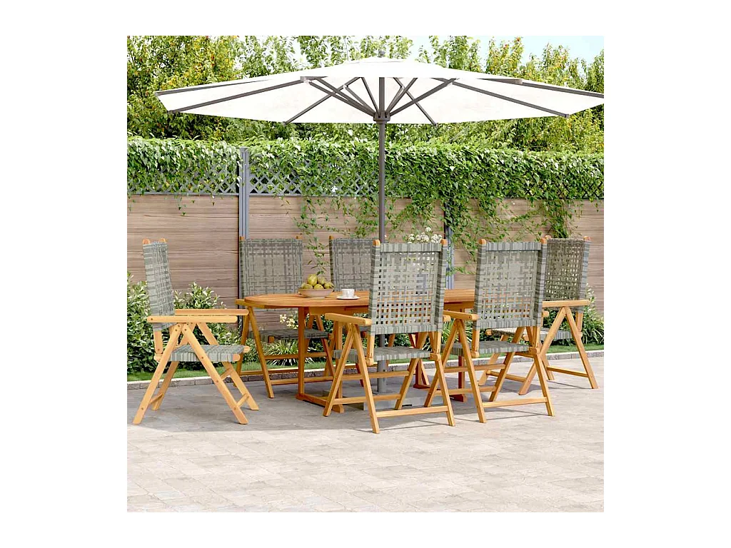Grilda  Ensemble à manger de jardin 7 pcs gris rotin et bois massif