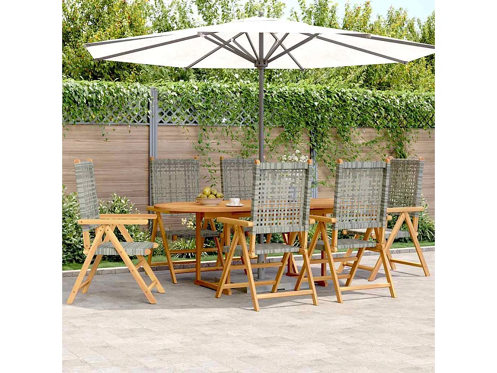 Grilda  Ensemble à manger de jardin 7 pcs gris rotin et bois massif