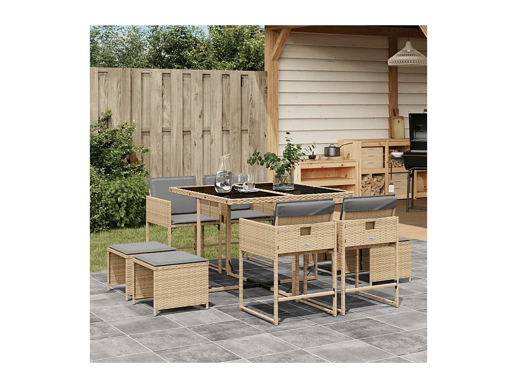 Inci  9-delige Tuinset met kussens poly rattan gemengd beige