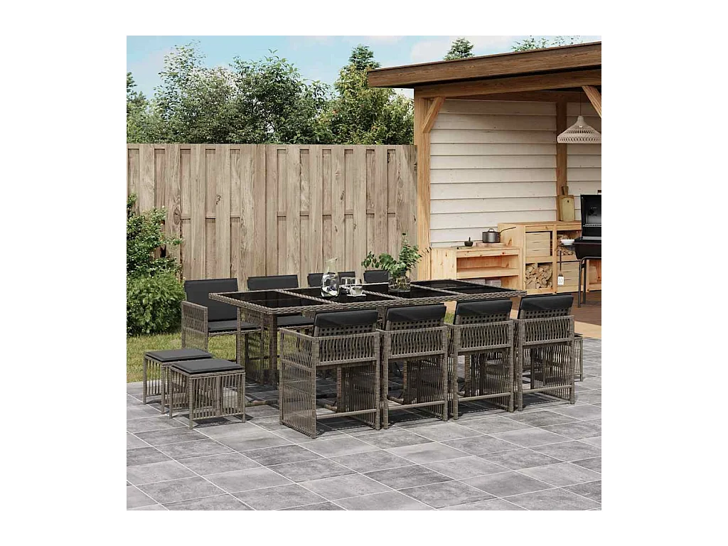 Laura Lucía  Set comedor de jardín con cojines 13 pzas ratán sintético gris