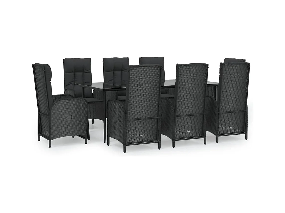 Lochem  Ensemble à manger jardin 9pcs et coussins noir résine tressée