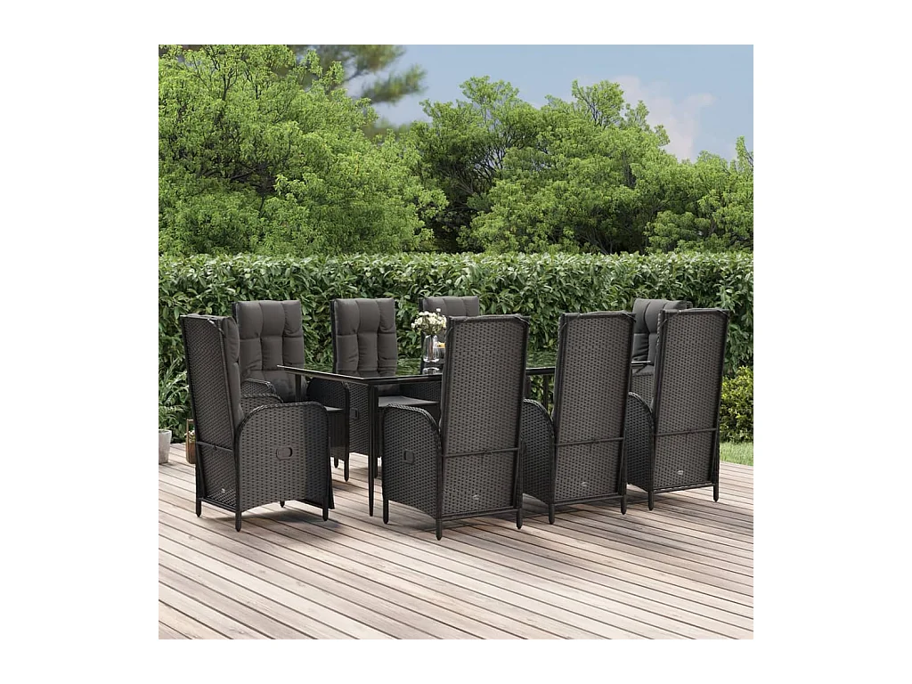 Lochem  Ensemble à manger jardin 9pcs et coussins noir résine tressée