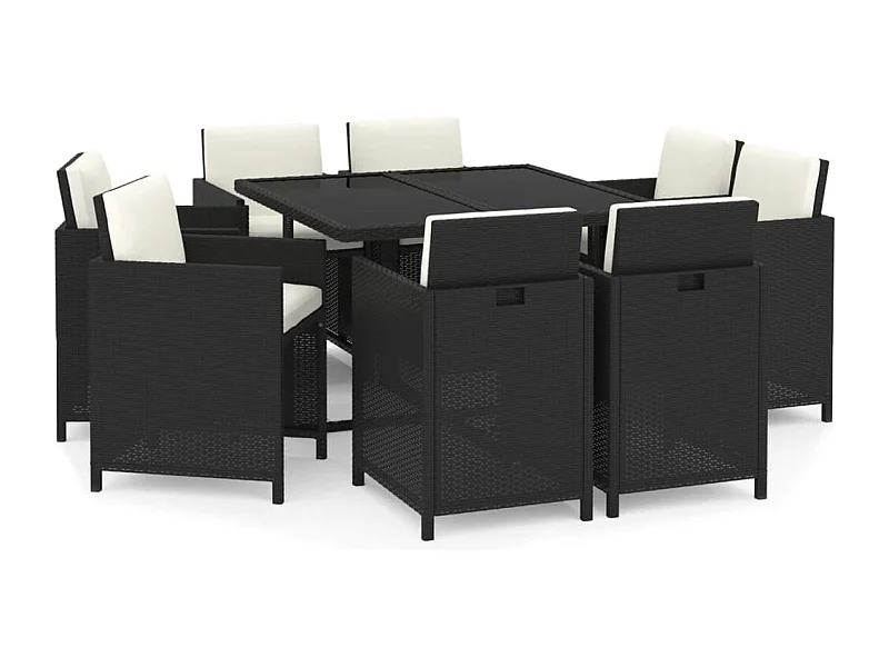 Hugo  Ensemble à manger de jardin coussins 9pcs Résine tressée Noir