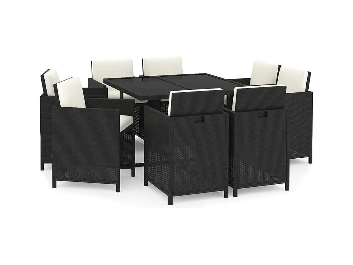 Hugo  Set de comedor de jardín 9 pzas y cojines ratán sintético negro