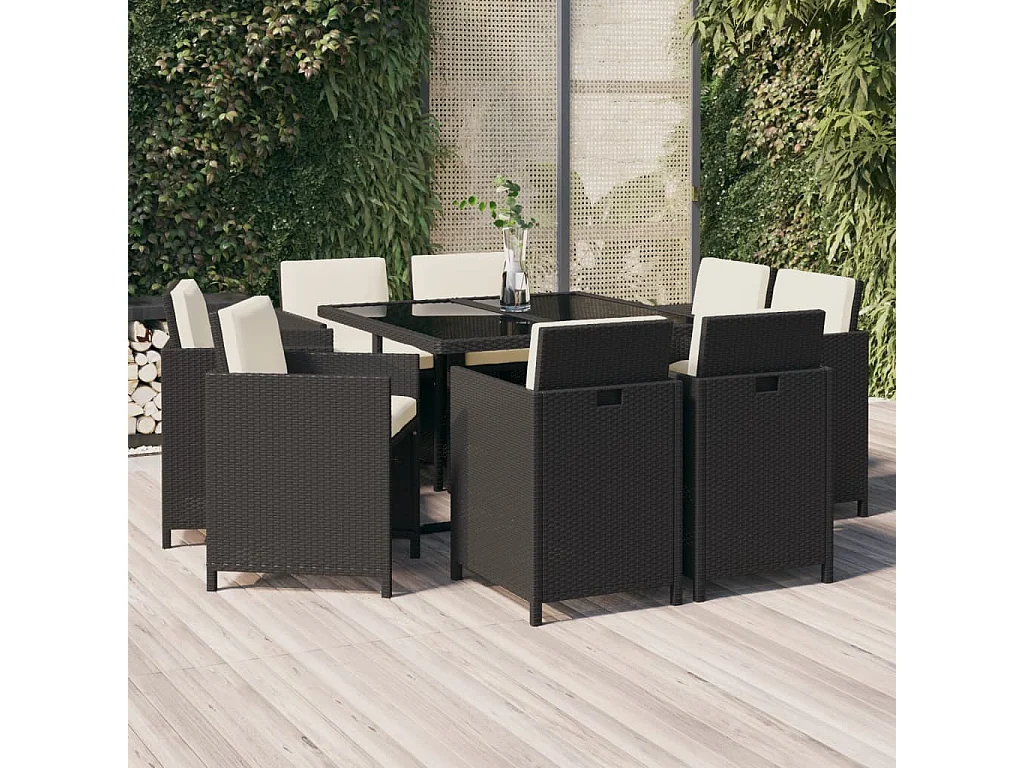 Hugo  Ensemble à manger de jardin coussins 9pcs Résine tressée Noir