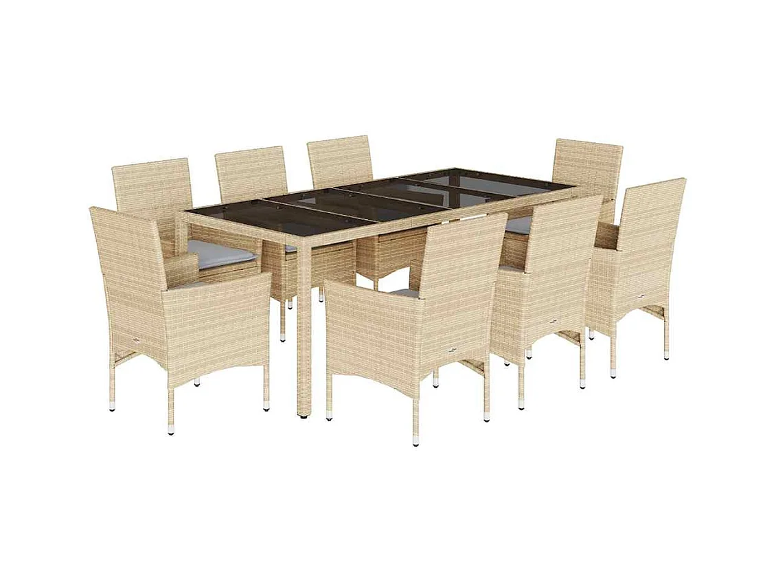 Stafford Springs  Set comedor jardín 9 pzas cojines ratán sintético vidrio beige