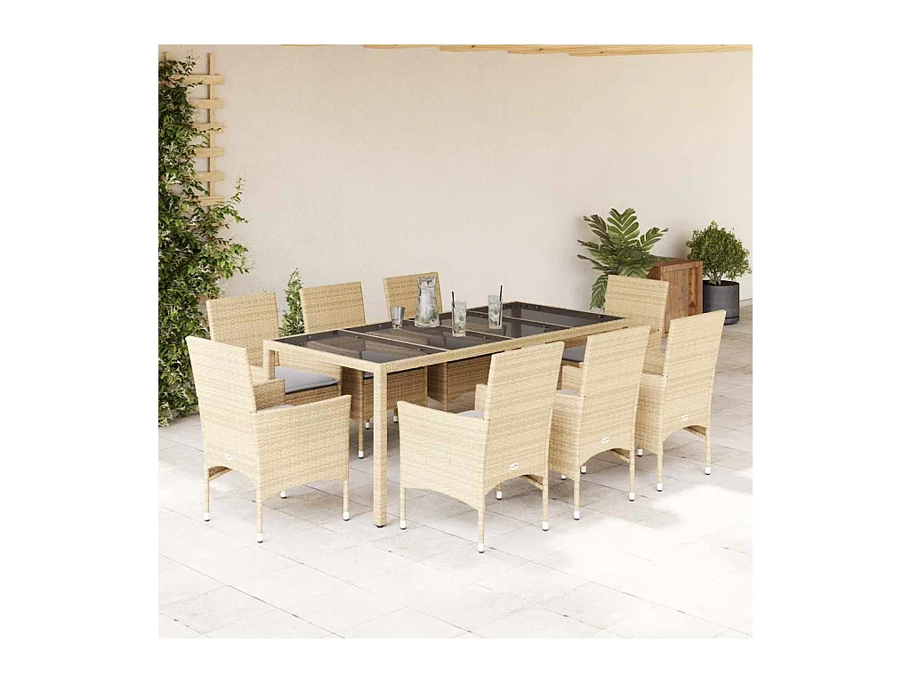 Stafford Springs  Set comedor jardín 9 pzas cojines ratán sintético vidrio beige