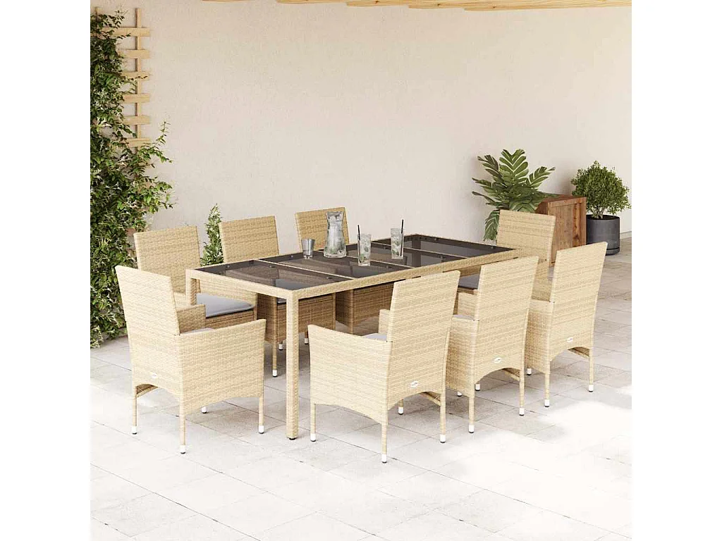 Stafford Springs  Ensemble à manger de jardin et coussins 9 pcs beige rotin verre