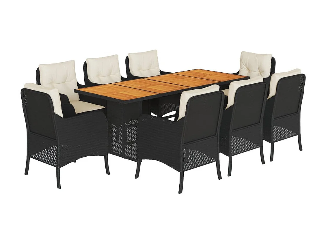 Karlyn  Set de comedor de jardín 9 pzas y cojines ratán sintético negro