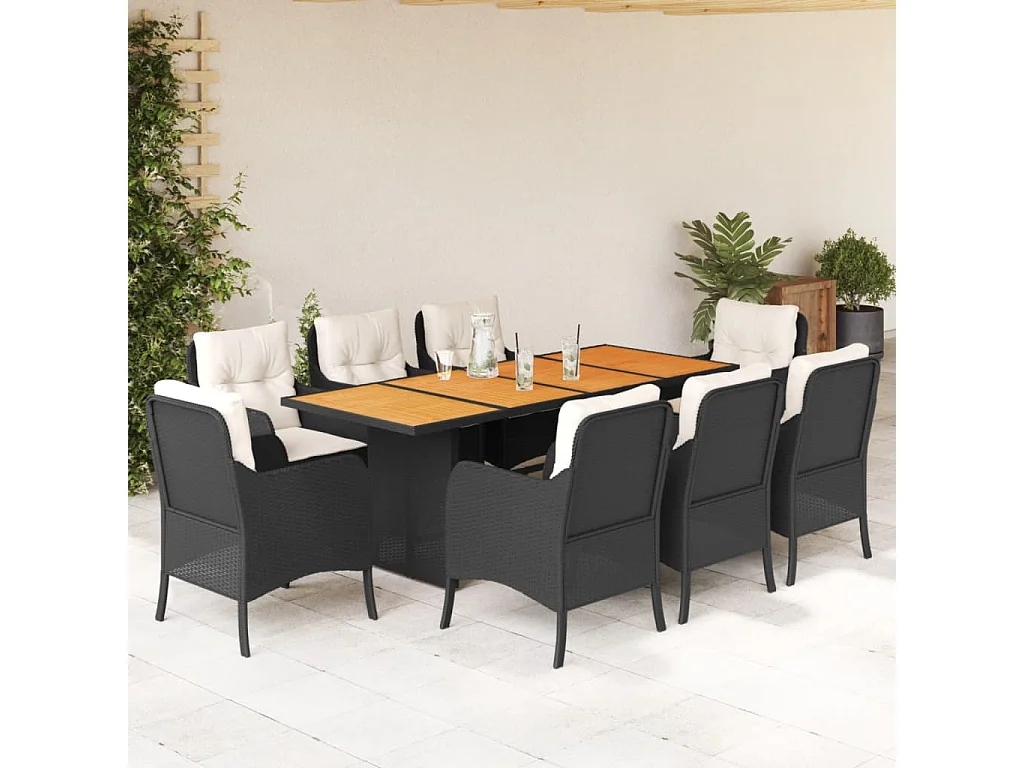 Karlyn  Set de comedor de jardín 9 pzas y cojines ratán sintético negro