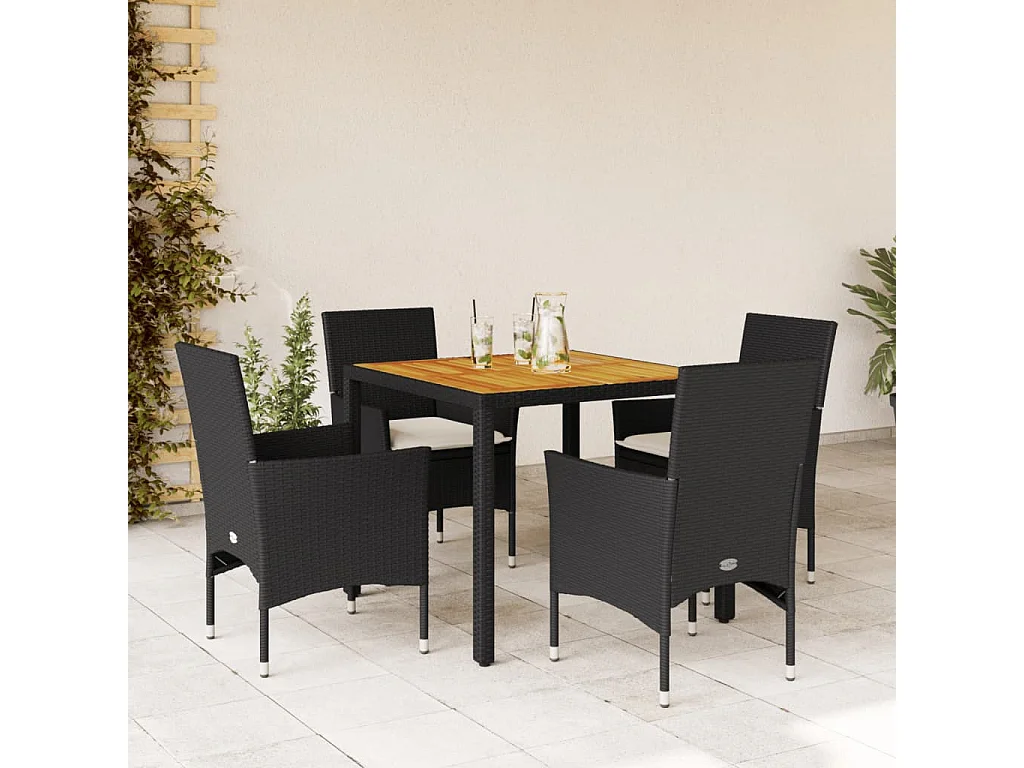 Les Mureaux  Ensemble à manger de jardin et coussins 5 pcs noir rotin acacia