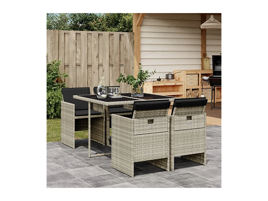 Jesse  Ensemble à manger de jardin et coussins 5 pcs gris clair rotin