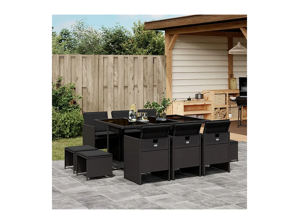 Steno  Set de comedor jardín 11 pzas con cojines ratán sintético negro