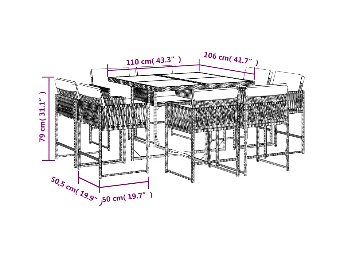 Emilia  9-delige Tuinset met kussens poly rattan bruin