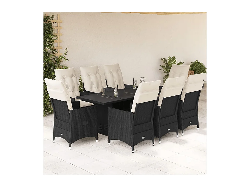 Garden Furniture -  Set de comedor de jardín 9 pzas y cojines ratán sintético negro