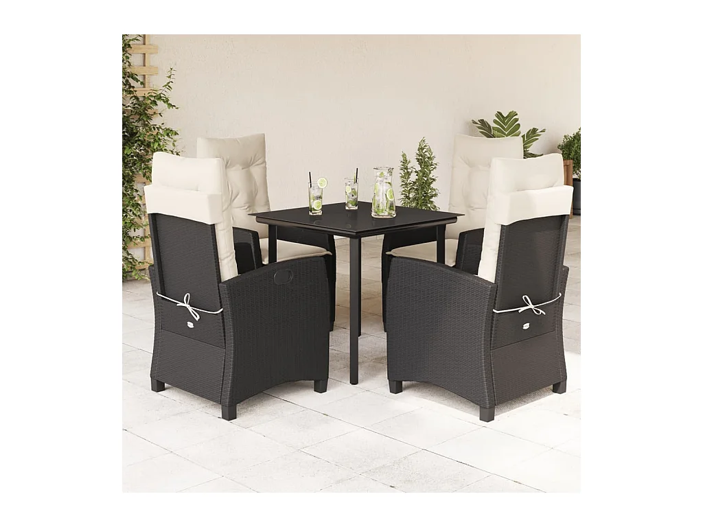 Léonard  Ensemble à manger de jardin coussins 5pcs Noir Résine tressée