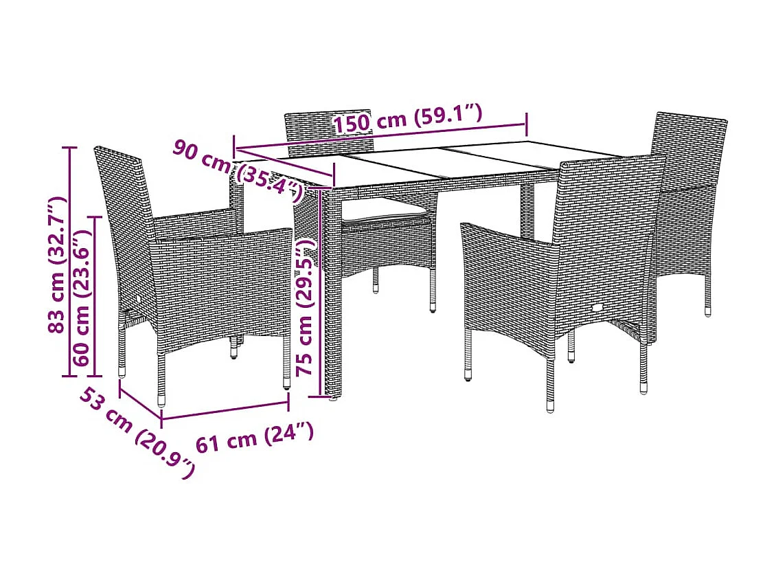 Stafford Springs  5-delige Tuinset met kussens poly rattan en glas zwart
