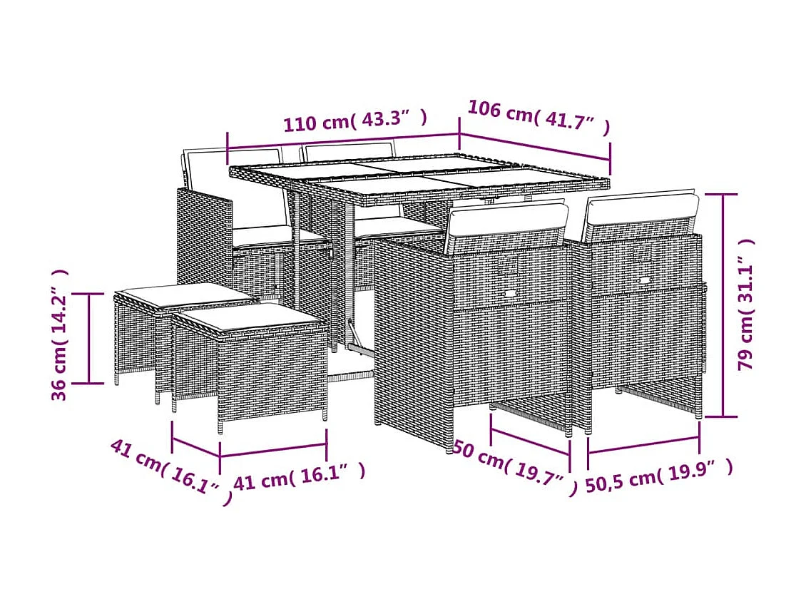 Steno  9-delige Tuinset met kussens poly rattan beige
