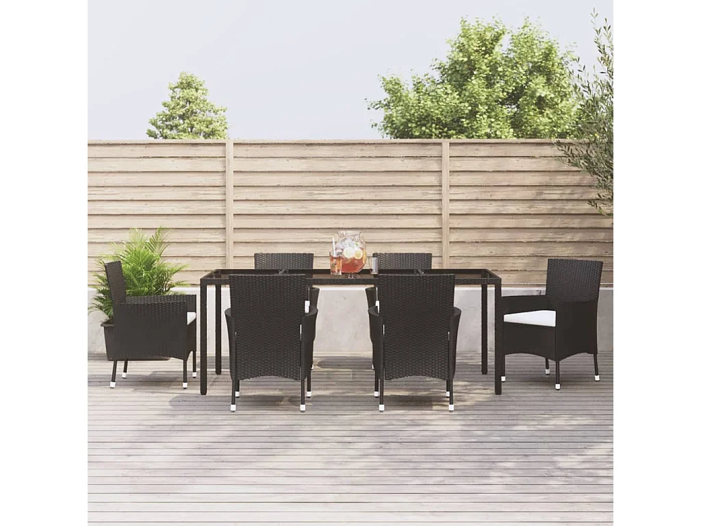 Vagnar  Ensemble à manger de jardin coussins 7pcs Noir Résine tressée