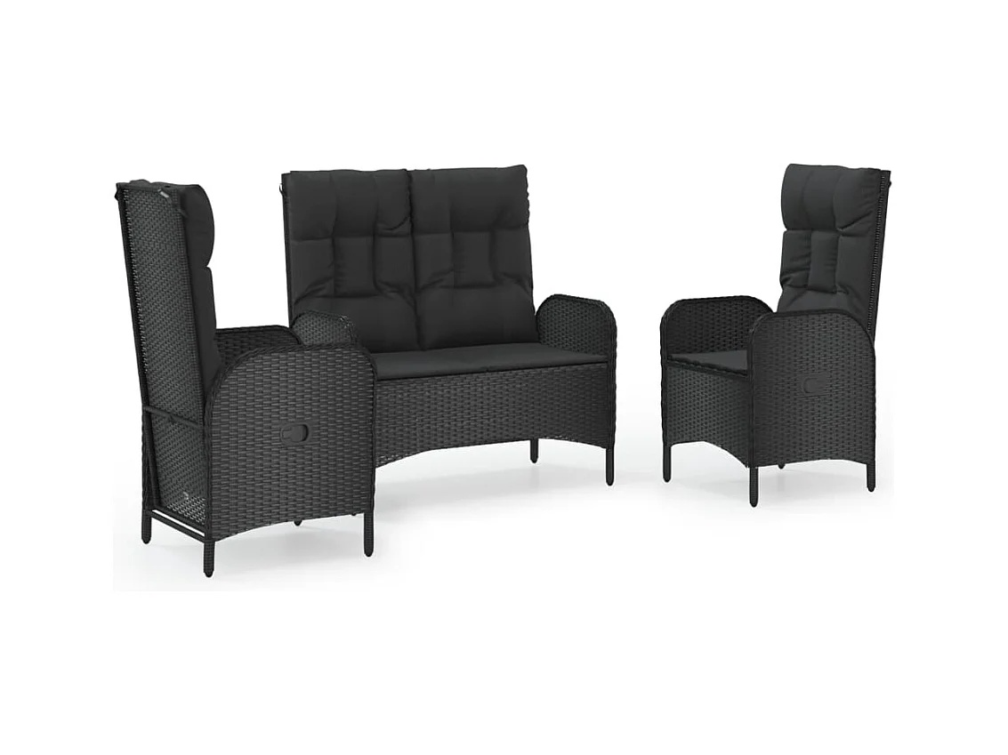 Holbaek  Set comedor de jardín 3 pzas con cojines ratán sintético negro