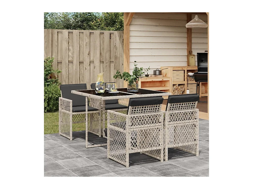 Connersville  Ensemble à manger de jardin et coussins 5 pcs gris clair rotin