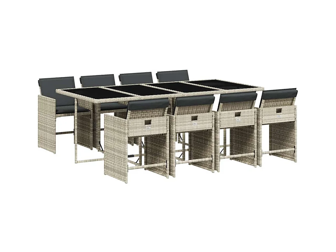 Zele  Ensemble à manger de jardin et coussins 9 pcs gris clair rotin