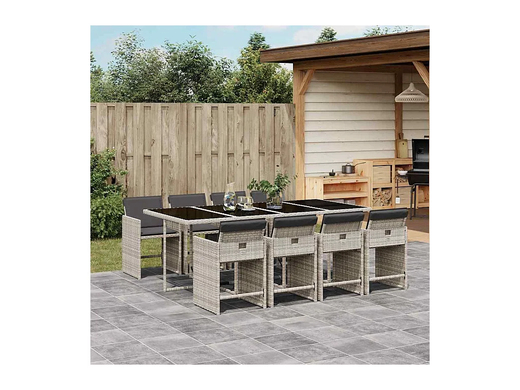 Zele  Ensemble à manger de jardin et coussins 9 pcs gris clair rotin