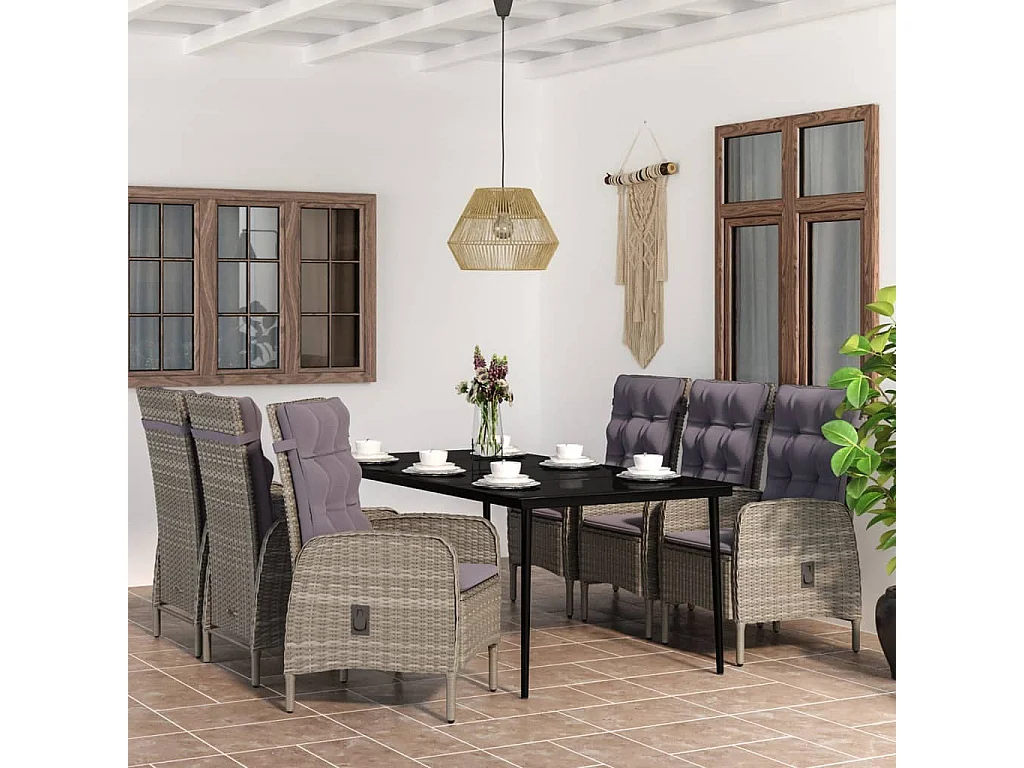 Vernon  Ensemble à manger de jardin coussins 7pcs Gris et noir