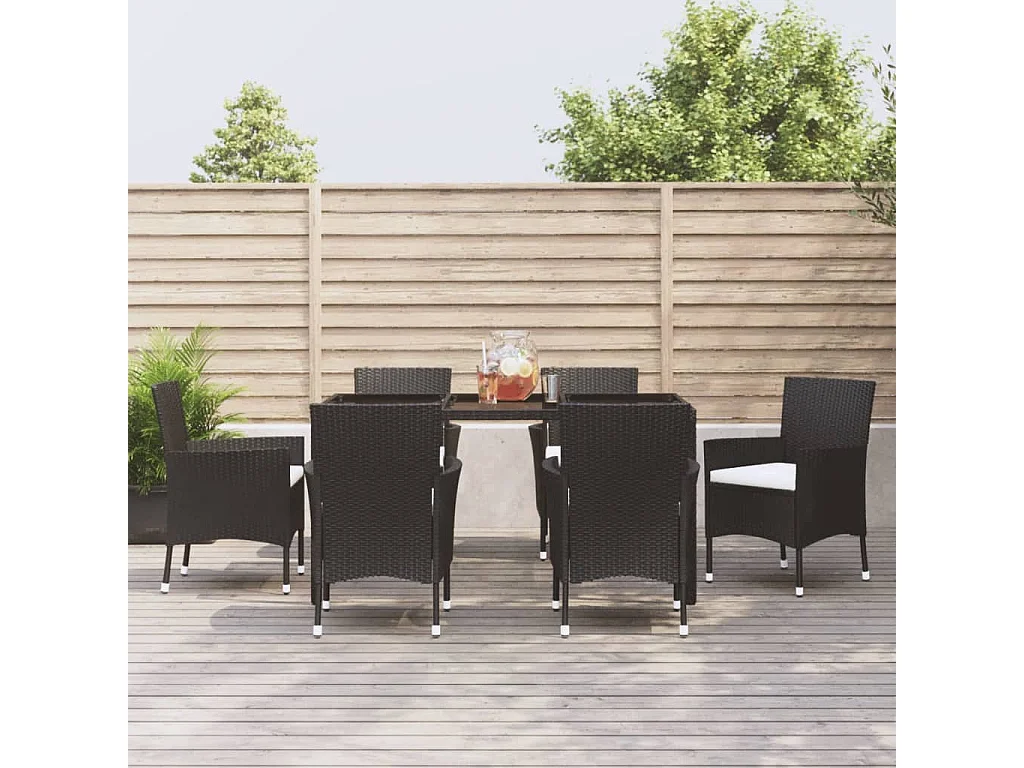 Vagnar  Ensemble à manger de jardin coussins 7pcs Noir Résine tressée