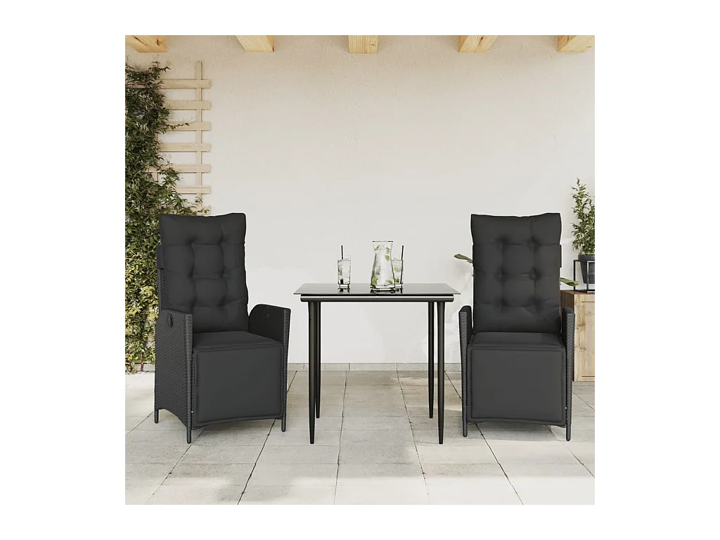 Waupun  Ensemble à manger de jardin avec coussins 3 pcs Noir