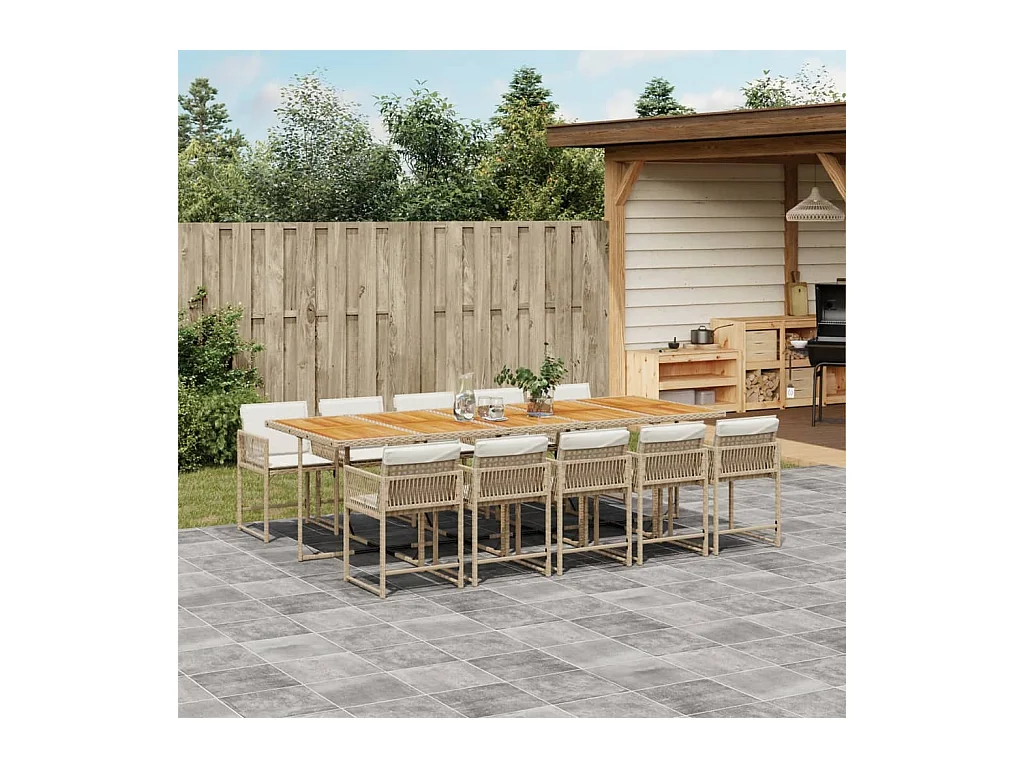 Sharif  Ensemble à manger de jardin et coussins 11 pcs beige poly rotin