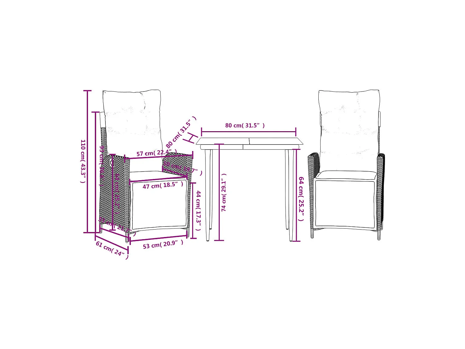 Eugenie  3-delige Tuinset met kussens poly rattan grijs