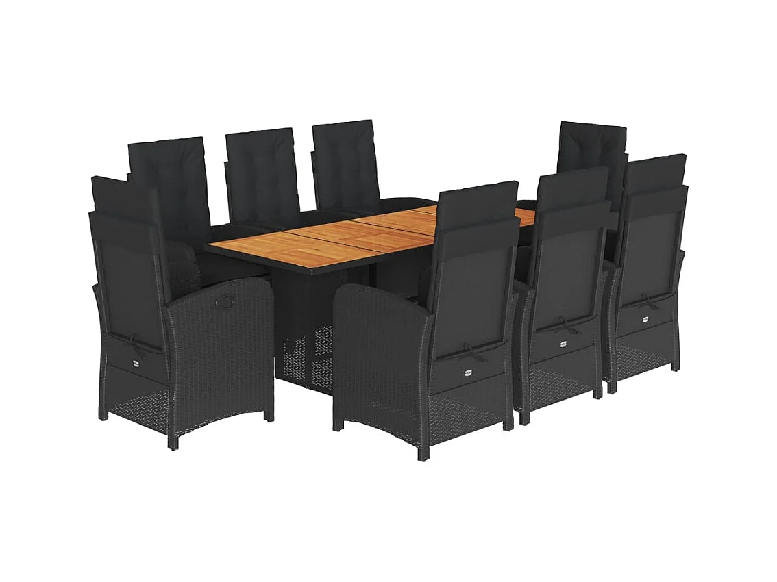 Nayo  Set de comedor de jardín 9 pzas y cojines ratán sintético negro