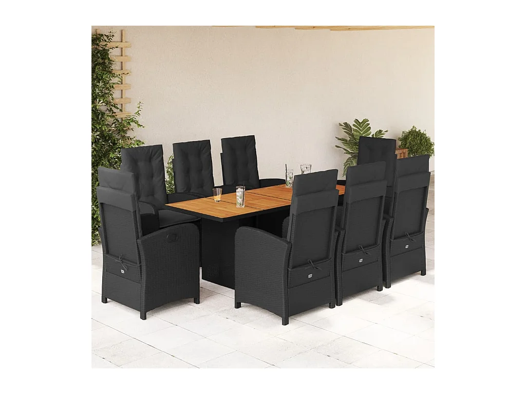 Nayo  Set de comedor de jardín 9 pzas y cojines ratán sintético negro