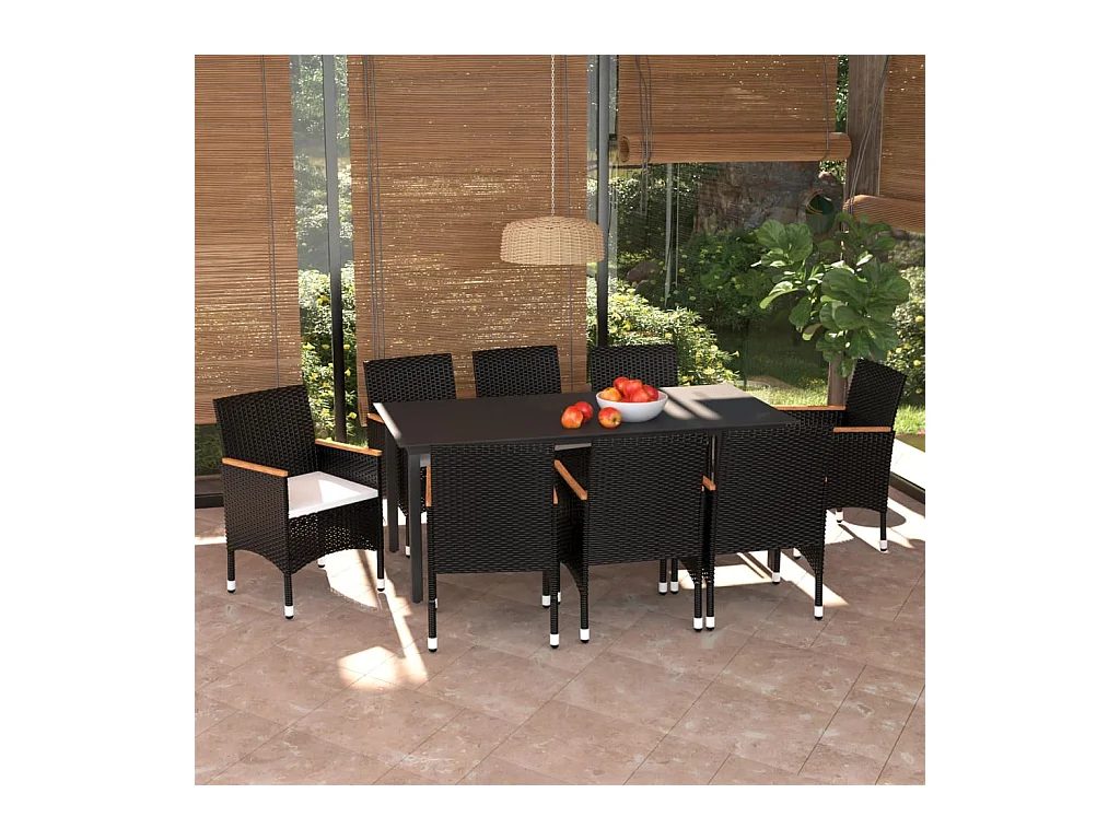 Wausau  Set de muebles de jardín 9 pzas y cojines ratán sintético negro