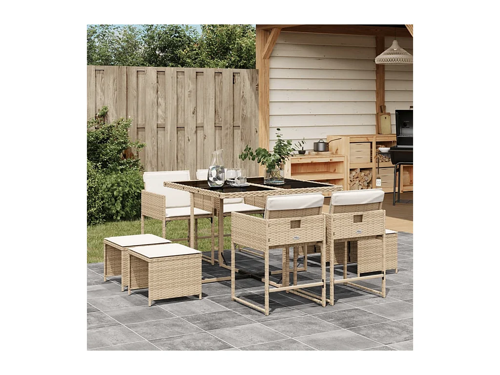 Kirkland  Ensemble à manger de jardin et coussins 9 pcs beige Poly rotin