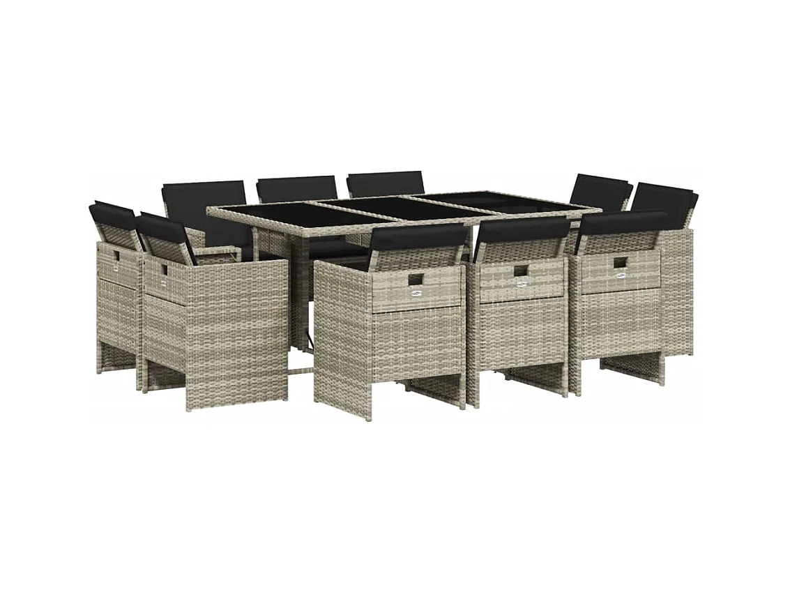 Jeroen  Ensemble à manger de jardin 11pcs avec coussins gris poly rotin