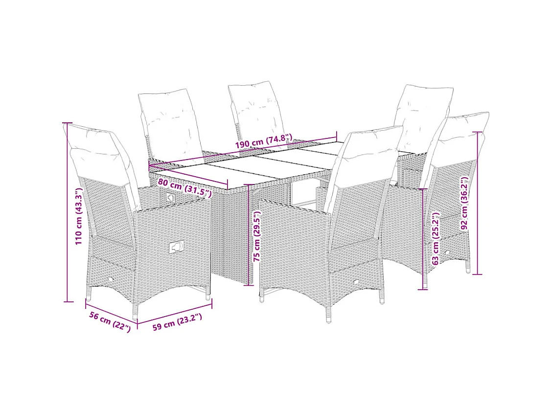 Garden Furniture -  Ensemble à manger de jardin coussins 7 pcs noir résine tressée