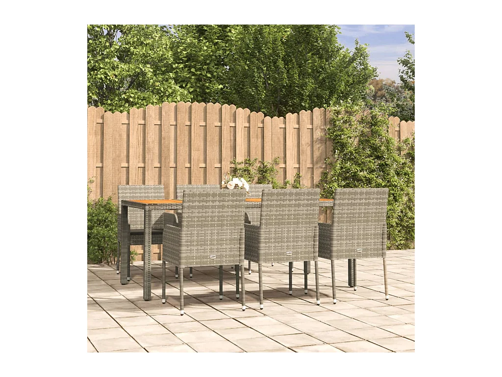 Tyron  Ensemble à manger jardin et coussins 7 pcs gris rotin
