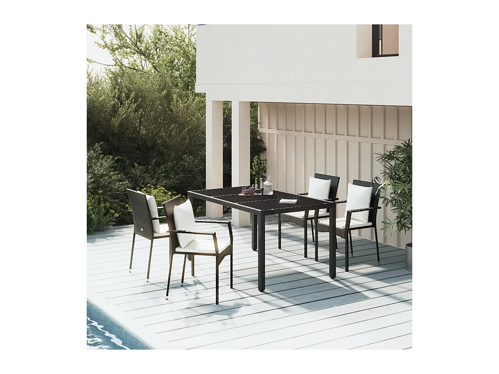 Pyhäntä  Ensemble à manger de jardin coussins 5pcs Noir Résine tressée