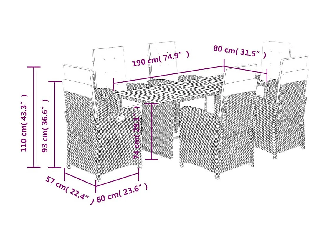Thomian  7-delige Tuinset met kussens poly rattan grijs