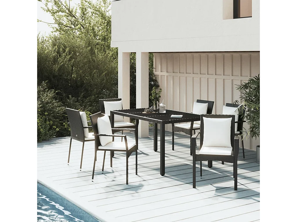 Pyhäntä  Set de comedor de jardín 7 pzas y cojines ratán sintético negro