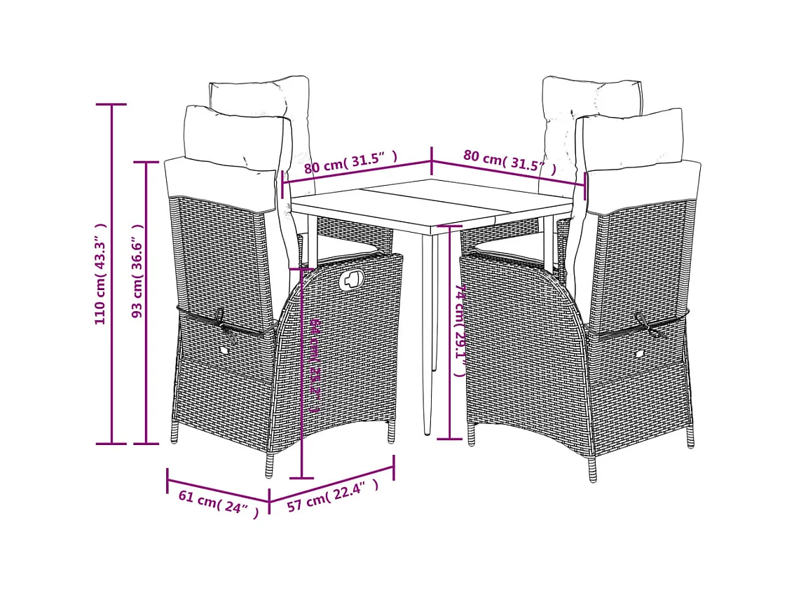 Garden Furniture -  Ensemble à manger de jardin et coussins 5 pcs gris clair rotin