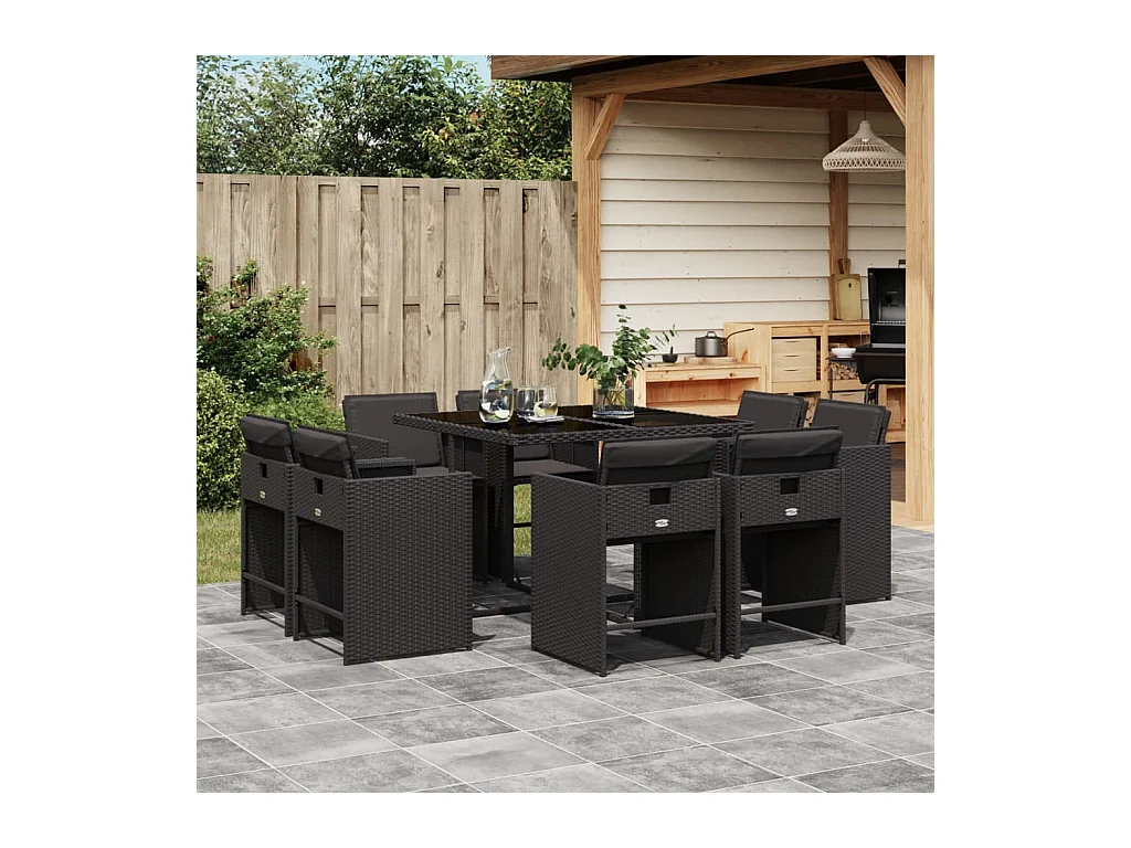 An Daingean  Set de comedor de jardín 9 pzas y cojines ratán sintético negro