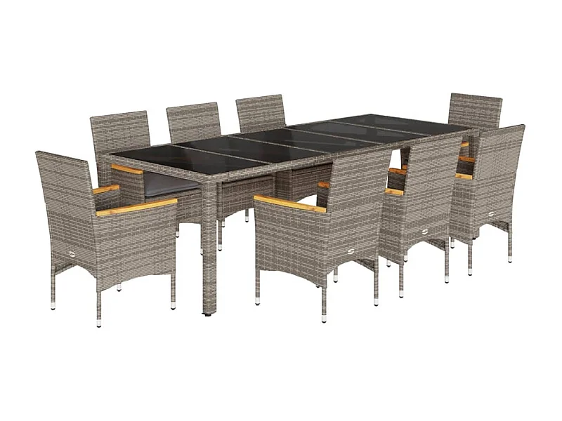 Gaston  Set comedor jardín 9 pzas y cojines ratán sintético vidrio gris