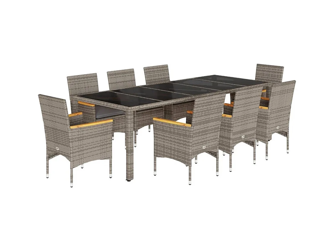 Gaston  Ensemble à manger de jardin et coussins 9 pcs gris rotin verre