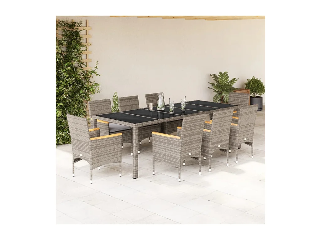 Gaston  Ensemble à manger de jardin et coussins 9 pcs gris rotin verre