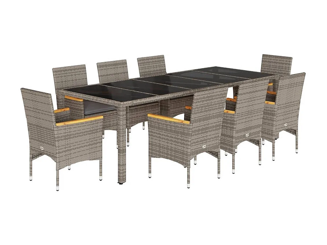 Gaston  Ensemble à manger de jardin et coussins 9 pcs gris rotin verre