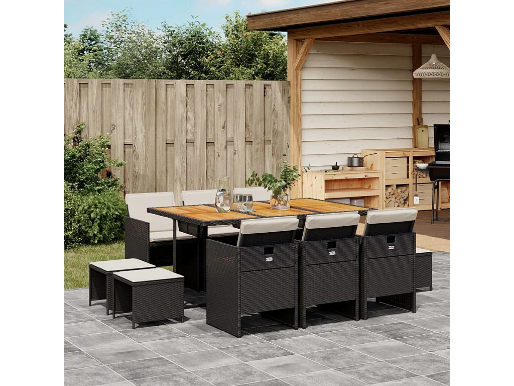 Bonno  Ensemble à manger de jardin 11 pcs coussins noir résine tressée